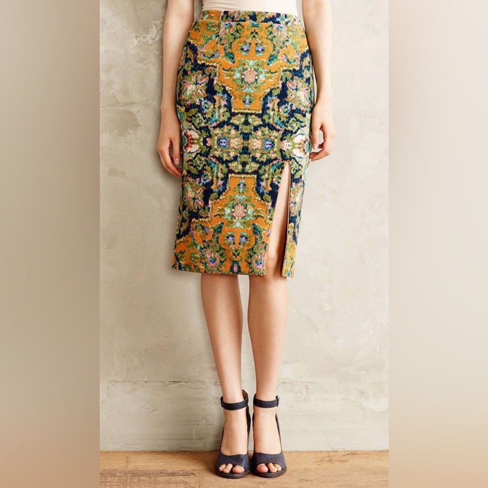 MAEVE Anthropologie Fall Floral Patterned Knit midi Work Skirt with Slit